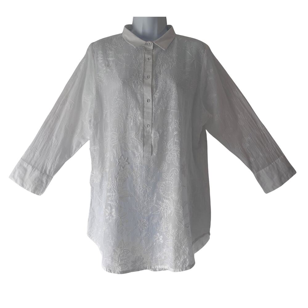 Gretchen Scott Designs Embroidered Floral White Cotton Tunic Shirt Size L